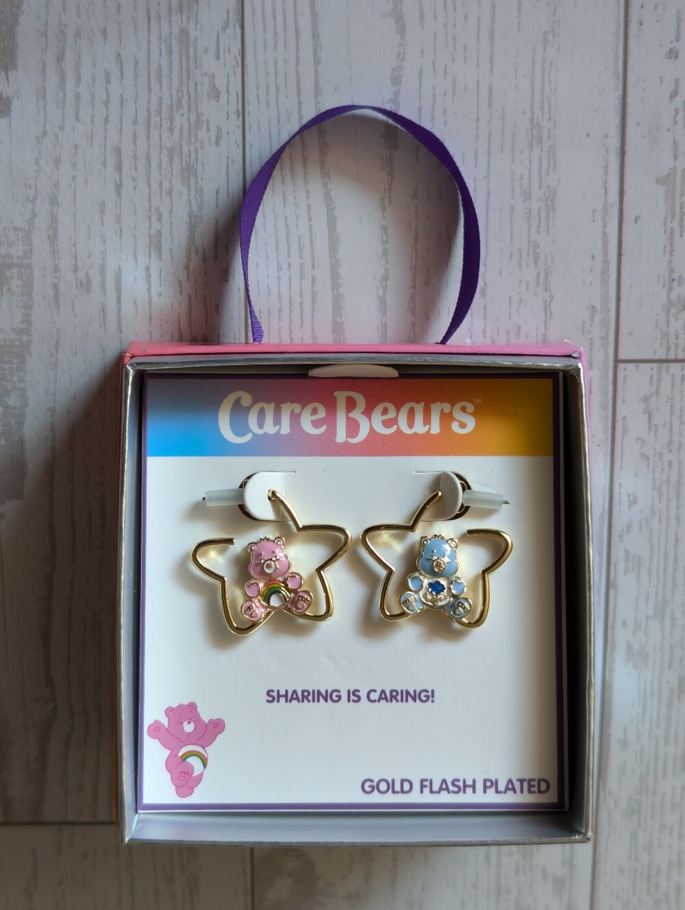CARE BEARS EARRINGS GOLD PLATED MISMATCHED STAR HOOP CHEER & GRUMPY BEAR NEW
